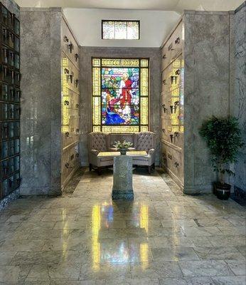 This is inside the door at the Redlands Mausoleum. Beautiful stained glass windows.