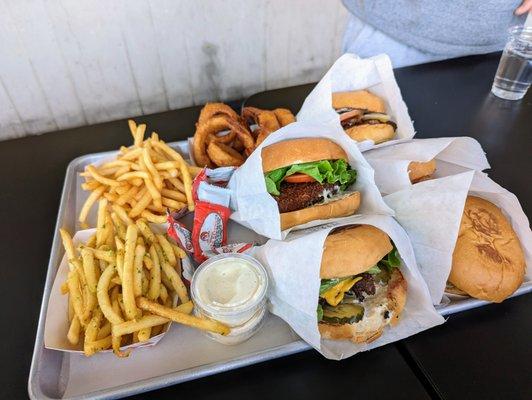 Variety of burgers ($8.00-10.50 each), fries ($3.75-4.25), and onion rings with side of ranch ($6.00).