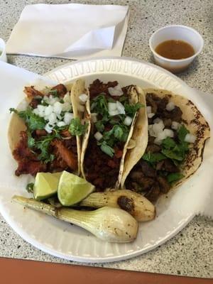 Al pastor, chorizo, and asada tacos