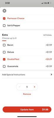 Double meat charge- didn't get double meat