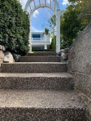 Exposed aggregate steps on the shore of Orchard Lake, Mi