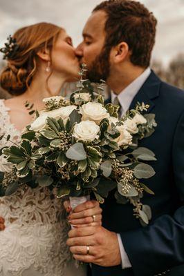 Happy Bride and Groom, white rose hand held bouquet