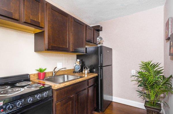 Our kitchens feature custom cabinetry espresso cabinets, and all black appliances standard in every apartment.