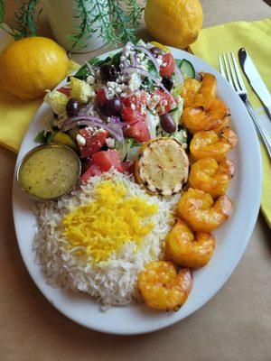 Shrimp kabob with Half Rice Half Greek Salad