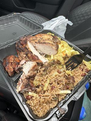 Jerk chicken, rice and peas and cabbage