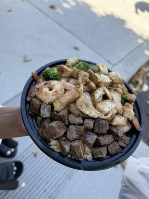 Steak chicken and shrimp