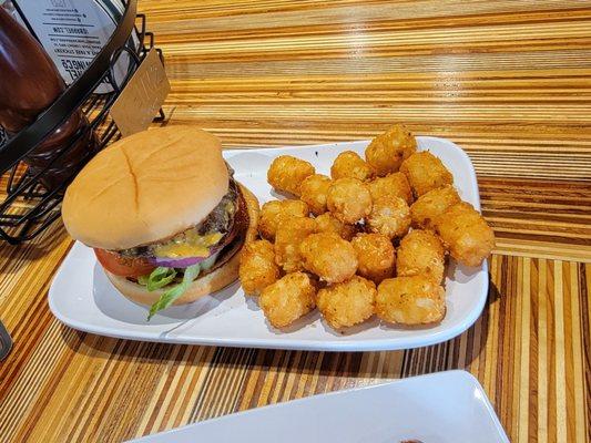 Happy hour jr. Burger and tots $6. Little pink, all the fixings, perfect for me.