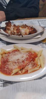 Chicken parm with penne pasta