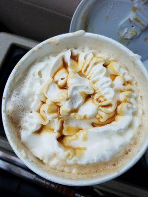 Salted caramel latte. Perfect flavor with whipped cream and caramel drizzle to wake and warm me up.