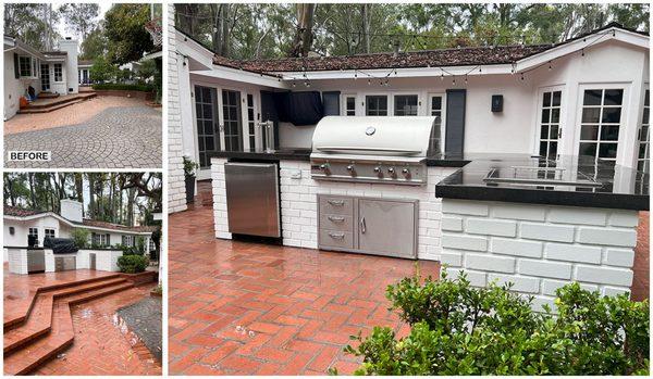 Extended flat space in backyard brick patio, BBQ island with painted brick veneer matching existing brick on chimney.