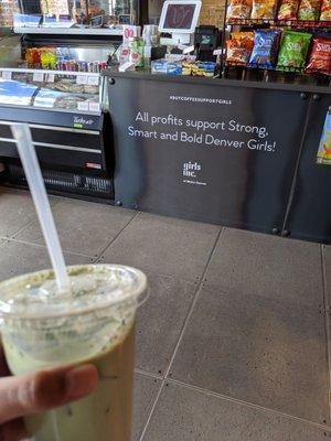 Support Denver's Girls Inc chapter. Iced matcha latte pictured