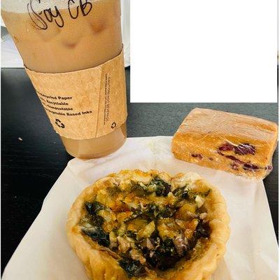 Cold brew with soy  Quiche florentine Vegan protein bar