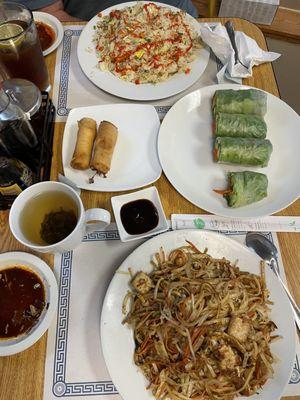 Fried rice (my husband adds hot sauce to everything!), fried rolls (we already ate two), fresh rolls, pad Thai.