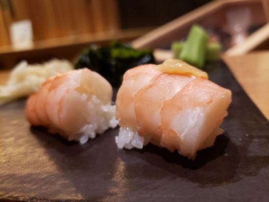 Ebi seasoned two ways: soy or shrimp miso