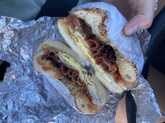 Bacon and egg on an everything bagel