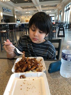 Chicken teriyaki with rice. The veggies are hidden under the chicken.