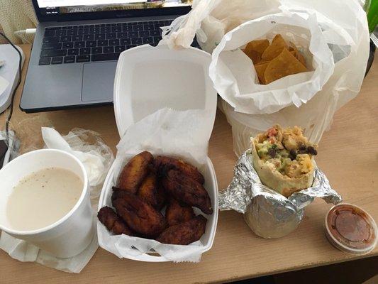 Horchata, plantains, Chicken Burrito, chips and salsa