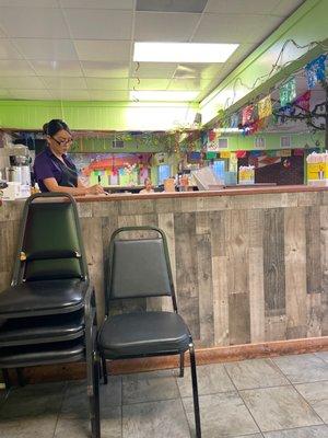 Inside of restaurant counter.