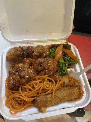 Chow mein with orange chicken and broccoli beef + an egg roll!