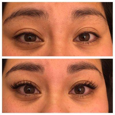 Beautiful "Before" and "After" photo of eyelash extensions.