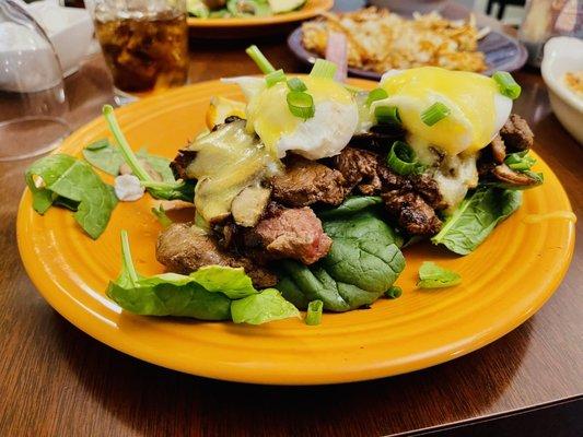 Tenderloin Benedict.  Was really awesome.  Very tender marinated beef tenderloin.