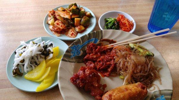 My plate from the buffet. Ban chan jap chae yeongnyeom chicken etc