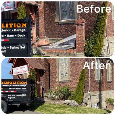 Demolished and hauled away billboard and brick columns after hit and run