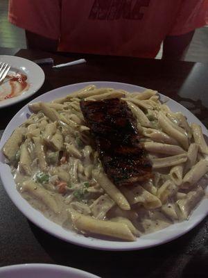 Jerk salmon + Rasta pasta