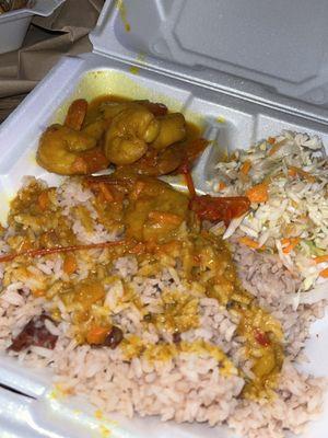 curry shrimp over rice & peas, side of coleslaw