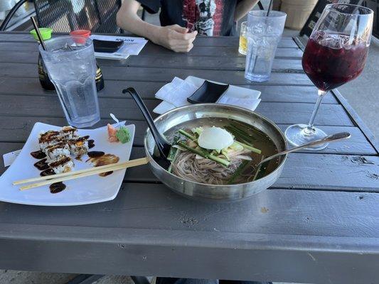 Naengmyeon, Deep Fried Sweet Potato Roll, plum wine