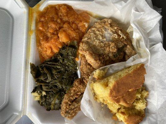 Fried Pork Chop, Yams, Collard Greens and Corn Bread