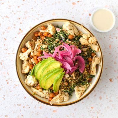 Quinoa, Roasted Cauliflower, Kale, Fried Chickpeas, Pickled Onions, Avocado, Lemon Tahini Dressing & Sesame, Almond & Coconut Dukkah