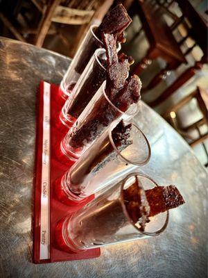 Bacon Shots- Berryhill Bacon, Spicy Hot Bacon, Maple Rosemary Bacon, Candied Bacon, and Peach