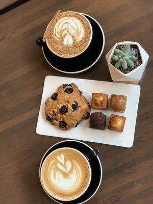 Spanish latte, latte, blueberry scone, financiers