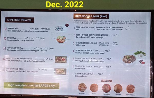 2022 Dec. E-menu prices and offerings