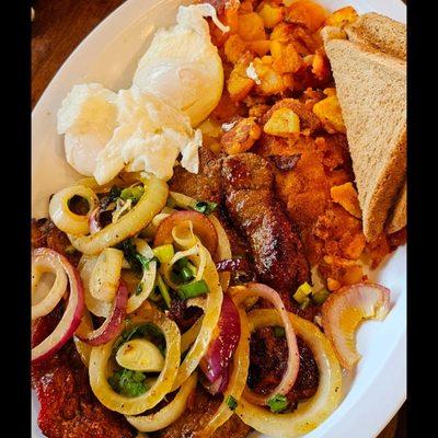 Latin Fried Steak, Poached Eggs.