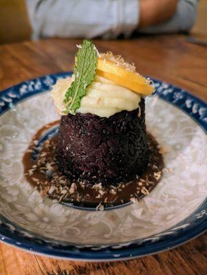 Purple Rice dessert. $10.90. Purple sticky rice, fresh mango, coconut custard, and palm sugar tamarind caramel sauce.