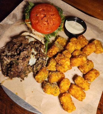 Wild Bunch burger with tots.