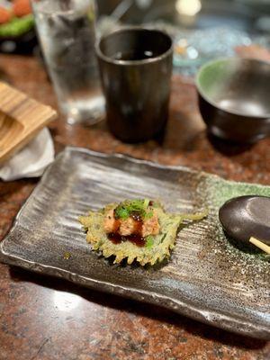 Spicy tuna on shiso leaf