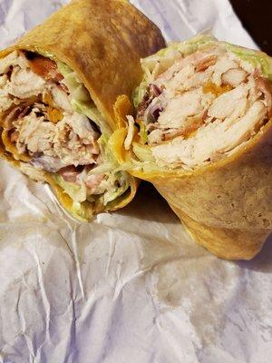 Tomato wrap, Rotisserie Chicken, American, Bacon, Lettuce, Onion, Tomato, Ranch, Chipotle