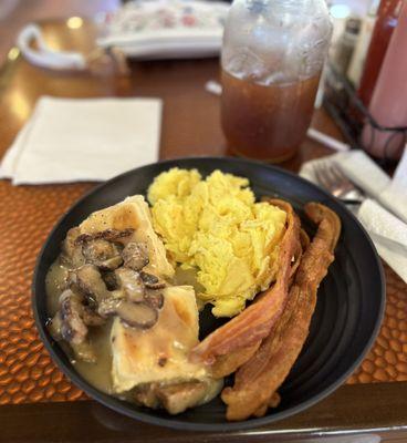 Chase's Biscuits & Gravy with crispy bacon and a generous serving of hot scrambled eggs