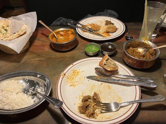 Taken after most of our food was devoured, Chili Garlic Naan, Lamb Vindaloo, Butter Chicken