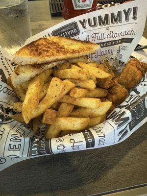 Salmon bites tossed in spicy honey sauce and french fries