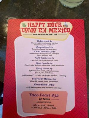 Happy hour menu