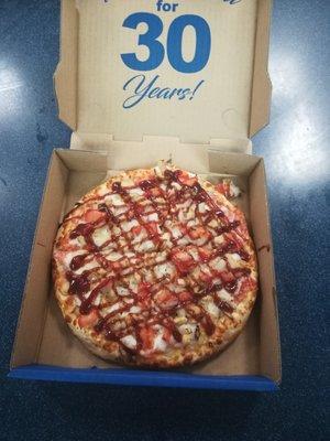 Chicken, tomatoes, & onion pizza with BBQ Drizzle