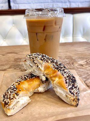 Large iced coffee and everything pretzel bagel with plain cream cheese