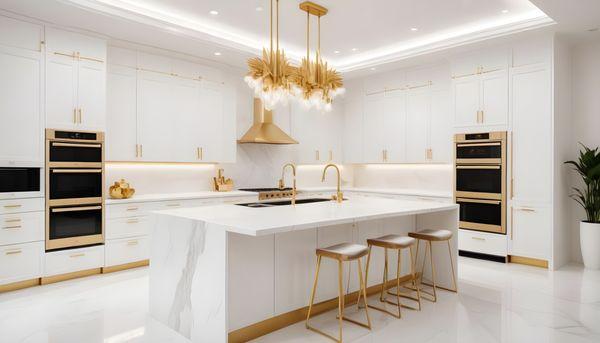 Stunning high-gloss white kitchen with gold accessories and appliances. A glamorous fusion of bright elegance and luxurious details.