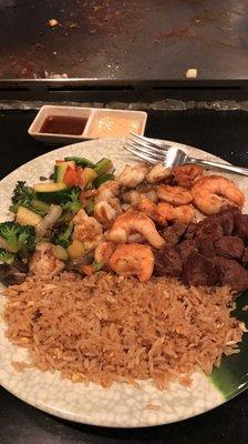 Lobster, shrimp, and filet mignon hibachi dinner. Huge portions with leftovers for days!