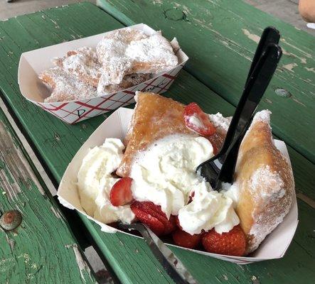 Strawberry shortcake beignets and plain powdered sugar beignets from Sweet Sammy Jane's