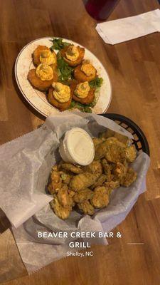 Appetizers of Deep Fried Deviled Eggs and Deep Fried Pickles